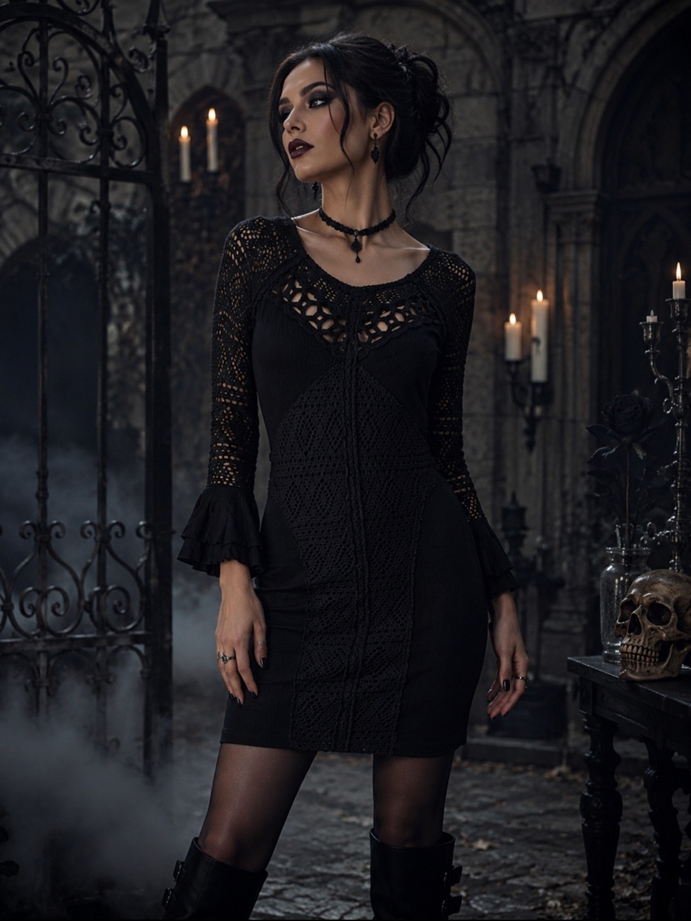 Free people sexy black cocktail crochet stretch dress w/ ruffled 3/4 sleeves XS